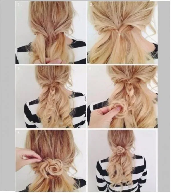 Các bước hướng dẫn tạo hình một bông hoa hồng nhỏ từ tóc, thể hiện sự lãng mạn và sự khéo tay