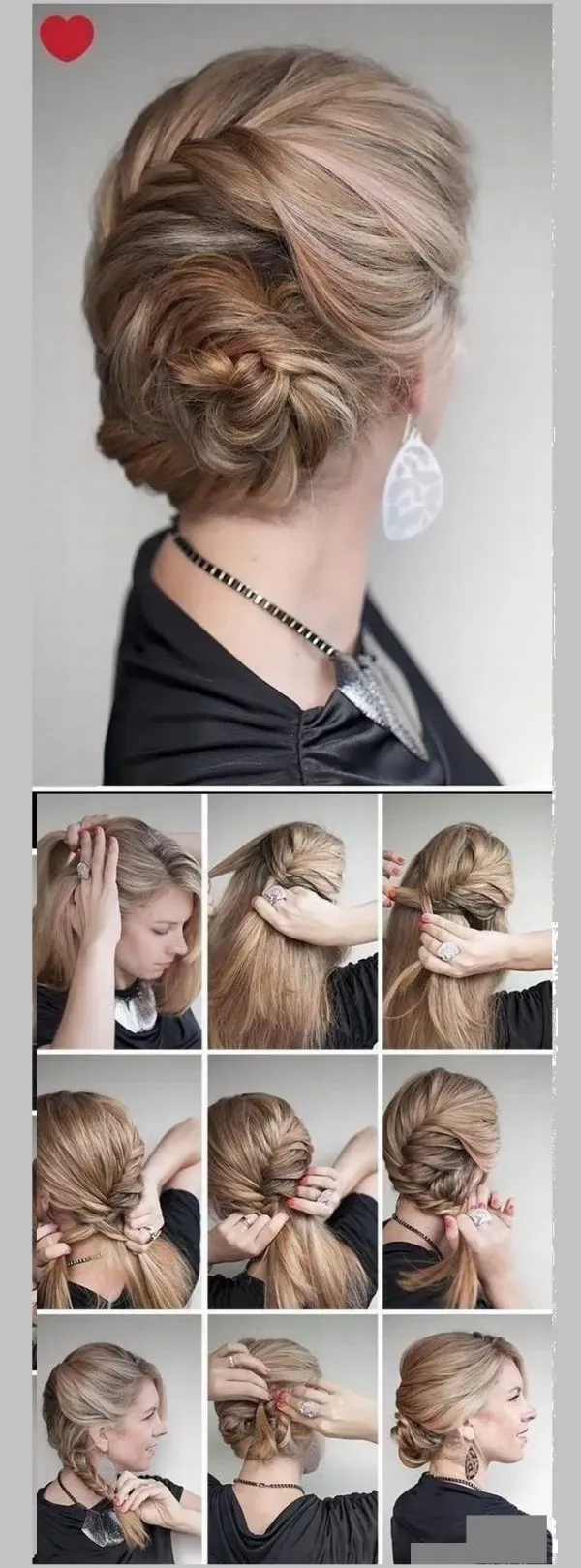 Kiểu tóc tết chéo và búi cuộn lệch phía sau gáy, tạo cảm giác như một tác phẩm nghệ thuật kiêu sa