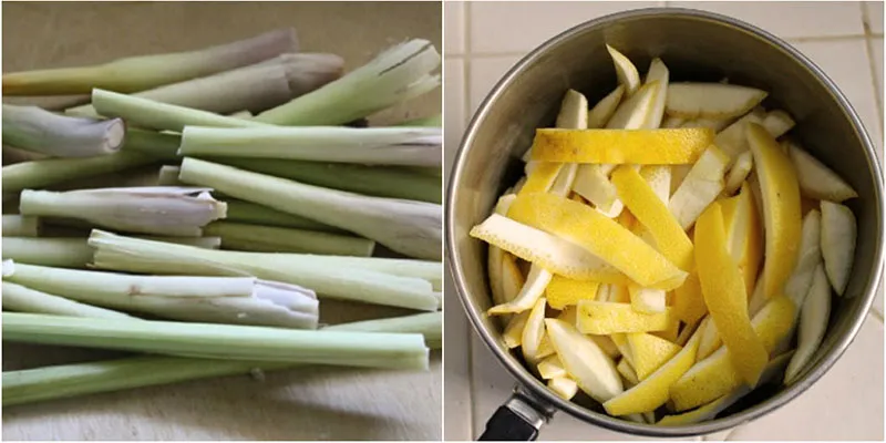 Nước gội đầu tự nhiên từ vỏ bưởi và sả, được đựng trong thau nhôm truyền thống