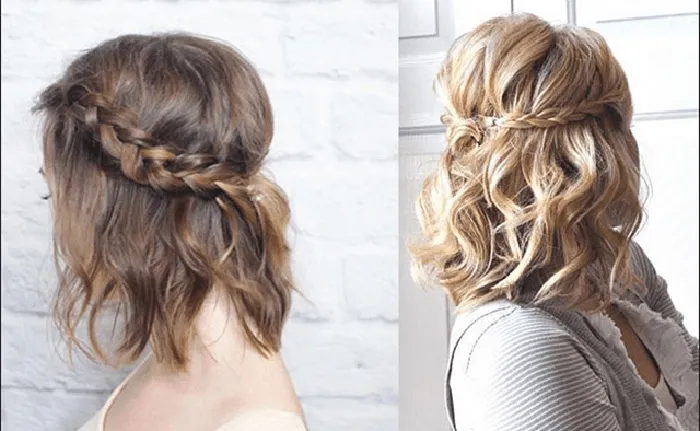Cô gái có mái tóc tết vấn lên nửa đầu với phần tết tinh tế, thể hiện sự nữ tính và sang trọng, rất phù hợp với cách làm tóc đẹp đi dự tiệc