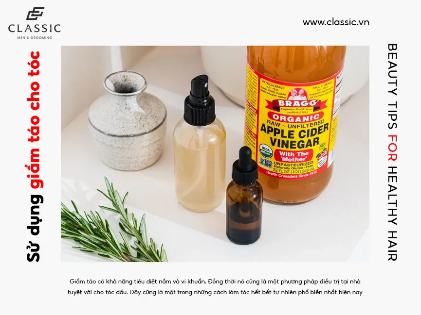 Giấm táo pha loãng giúp cân bằng pH da đầu, là phương pháp tự nhiên hiệu quả cho tóc phồng