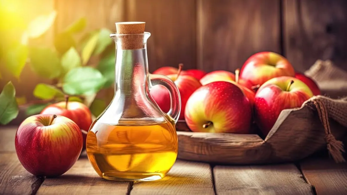 Hình ảnh một lọ giấm táo bên cạnh một quả táo và một chiếc lược răng thưa