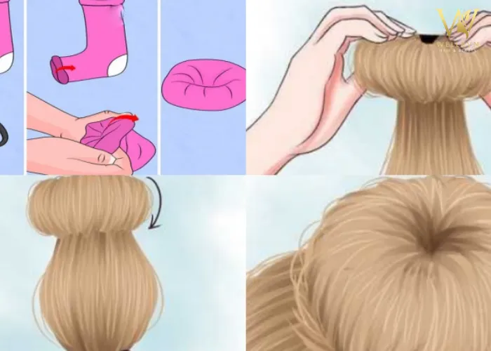 Một người đang dùng tất (vớ) để cuộn tóc, so sánh với các dụng cụ uốn tóc không nhiệt khác như lô cuốn mút và đai lụa