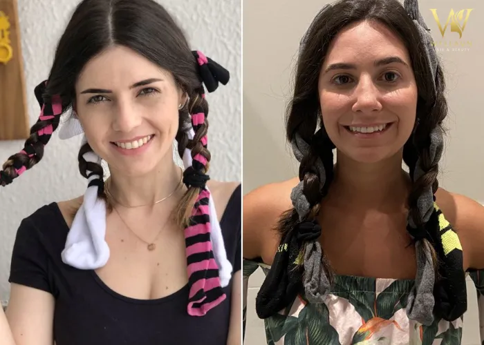 Hình ảnh minh họa một lọn tóc dài đang được cuộn gọn gàng quanh chiếc tất đã được xoắn thành hình tròn (donut)