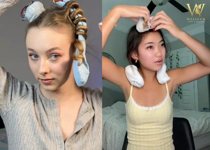 Một người phụ nữ đang thực hiện kỹ thuật cuộn tóc hình xoắn ốc với một chiếc tất dài trên nền tóc ngang vai