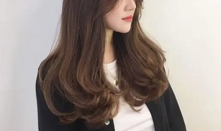 Hình ảnh một người đang sử dụng lược tròn và máy sấy tóc có vòi dẹt để uốn gợn sóng cho phần đuôi tóc