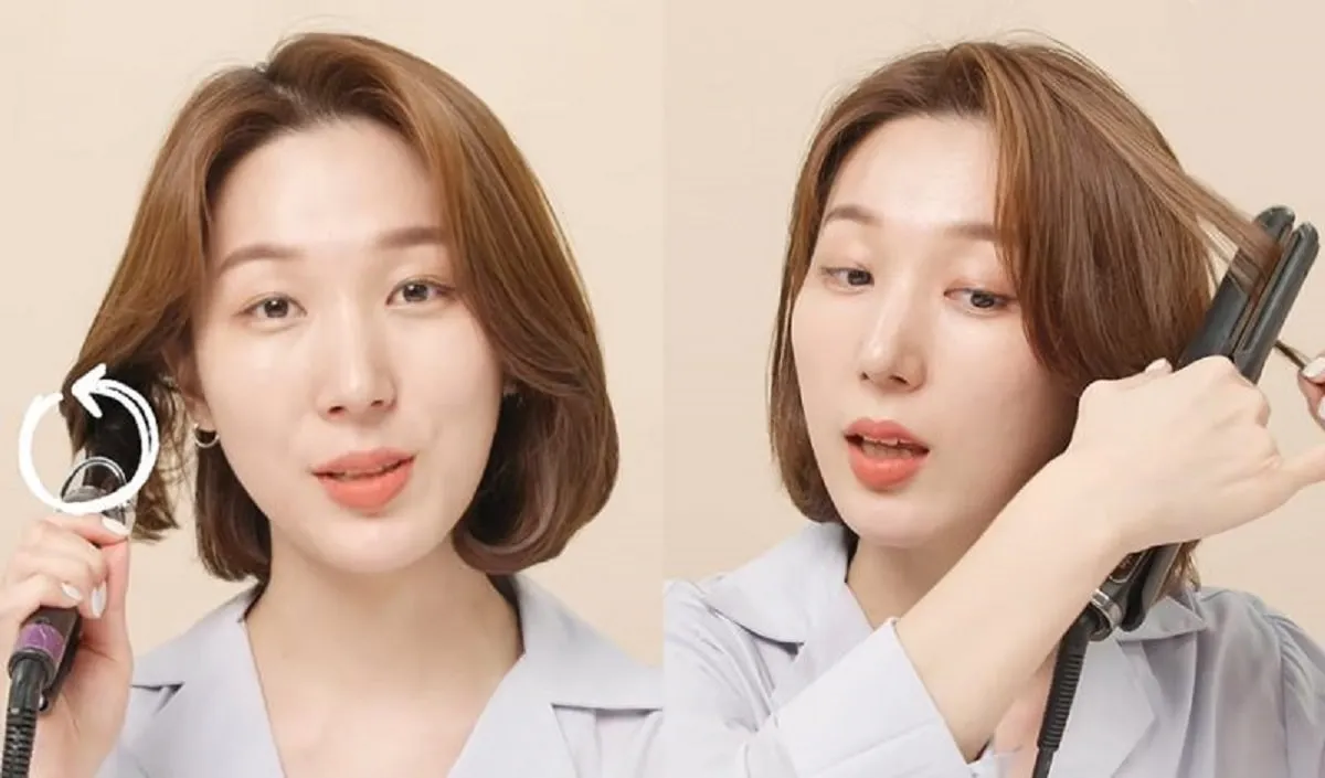 Hình ảnh cận cảnh một cô gái đang sử dụng máy uốn tóc chuyên dụng để tạo lọn xoăn cho phần tóc ngắn