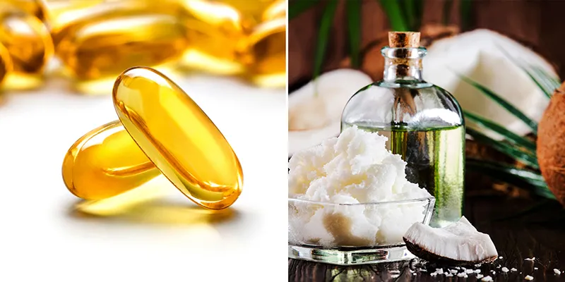 Viên nang vitamin E và lọ dầu dừa
