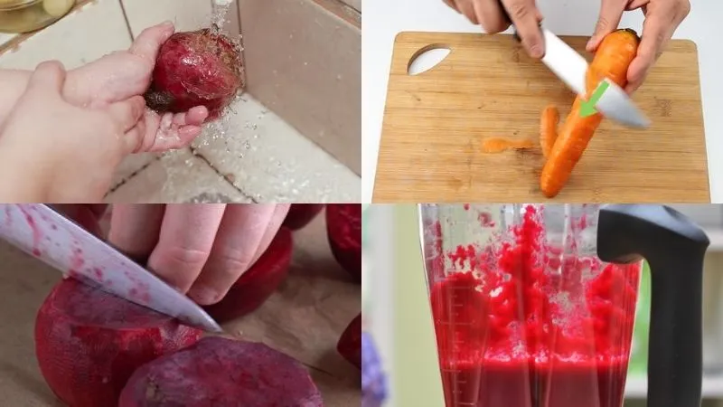 Thái củ dền và cà rốt thành các miếng vuông nhỏ, sau đó cho vào máy xay sinh tố để tạo hỗn hợp nhuộm