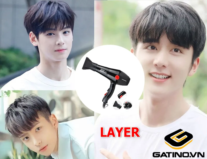 Người mẫu đang dùng lược bán nguyệt để sấy tóc Layer, tạo độ phồng và kết cấu rõ rệt