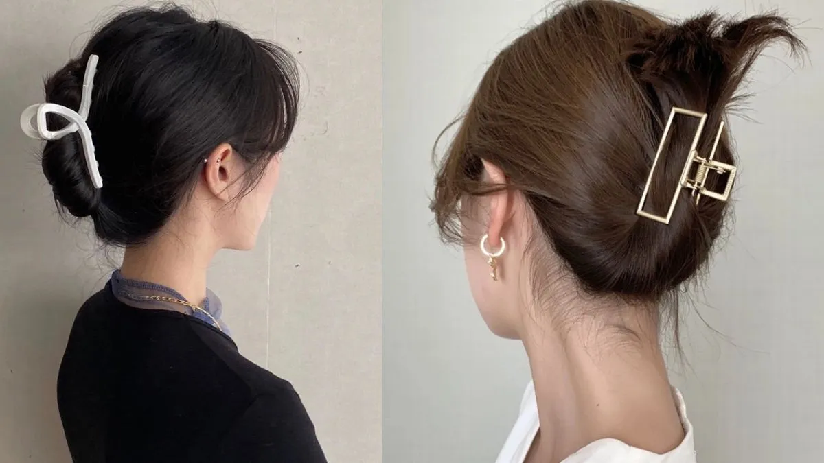 Hình ảnh trực quan về cách sử dụng kẹp càng cua để giữ búi tóc, một mẹo giúp tóc giữ nếp phồng lâu hơn