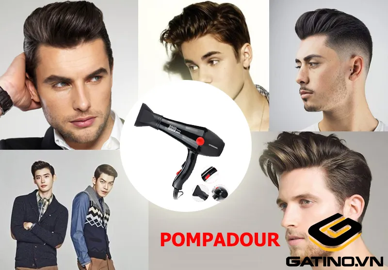 Minh họa cách tạo kiểu tóc Pompadour bằng lược bán nguyệt và máy sấy