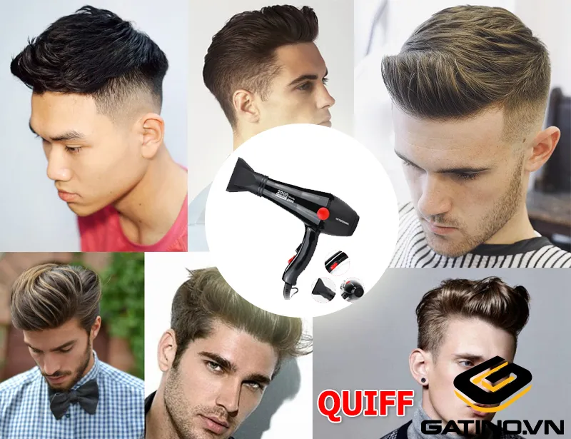 Người mẫu đang dùng lược tròn và máy sấy để đẩy phần tóc mái lên cao, tạo form Quiff cổ điển
