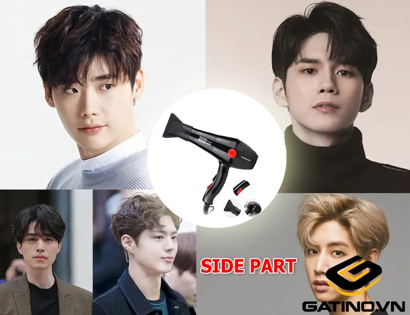 Người mẫu đang thực hiện các bước sấy tóc để tạo form tóc Side Part chuyên nghiệp