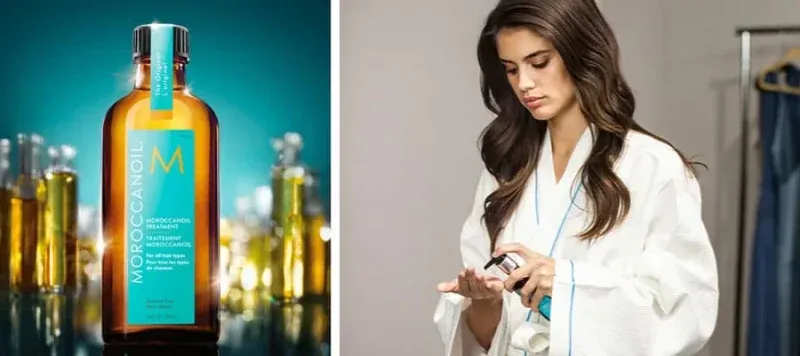 Hình ảnh một chai tinh dầu Moroccanoil đặt trên quầy trong một salon tóc chuyên nghiệp, thể hiện sự tin cậy