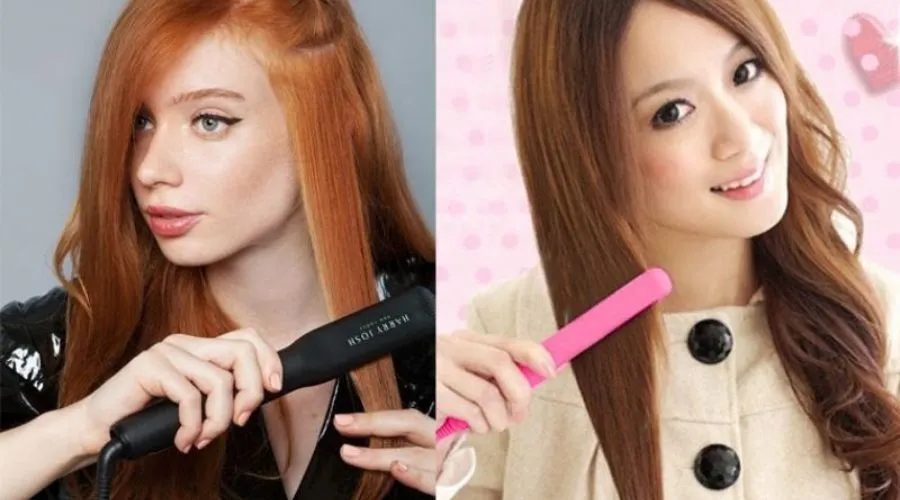 Cô gái đang thực hiện các bước chuẩn bị cho mái tóc của mình trước khi sử dụng máy duỗi tóc mini