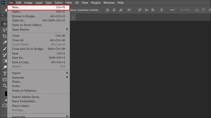 Tạo một file Photoshop mới bằng cách chọn File > New hoặc dùng tổ hợp phím Ctrl + N