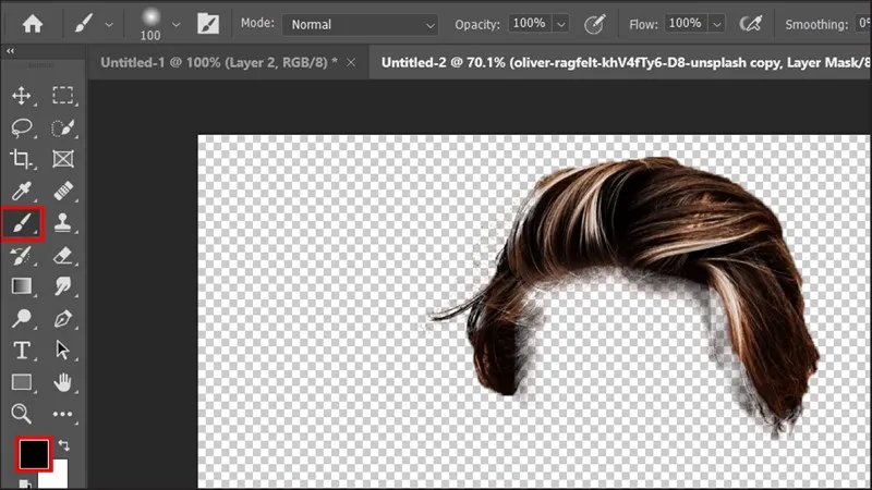 Sử dụng Brush Tool (chọn màu đen) để quét lên Layer Mask, loại bỏ các vùng da hoặc nền bị sót lại