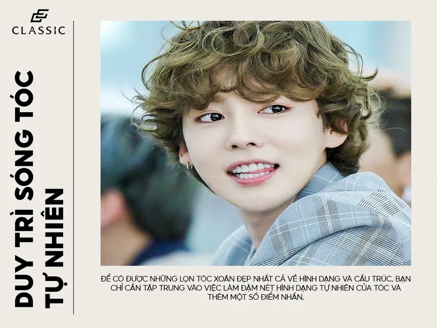 Mái tóc xoăn nam được tạo kiểu hoàn chỉnh, cho thấy kết quả của quy trình chăm sóc tóc đúng cách