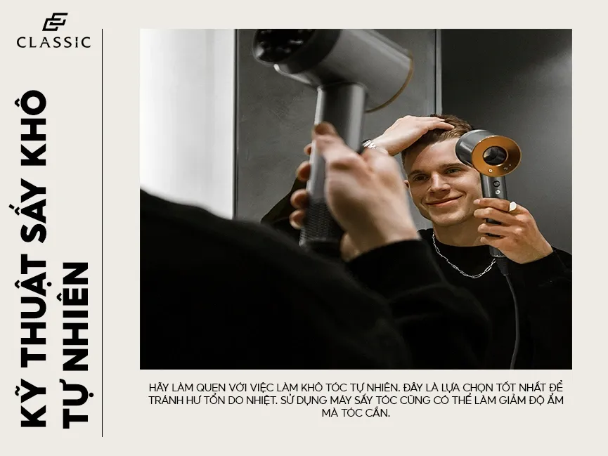 Hình ảnh cận cảnh nam giới sấy tóc bằng máy sấy có đầu khuếch tán để giữ nếp xoăn