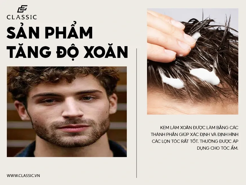 Nam giới đang tạo kiểu tóc xoăn bằng sản phẩm chuyên dụng để định hình các lọn tóc
