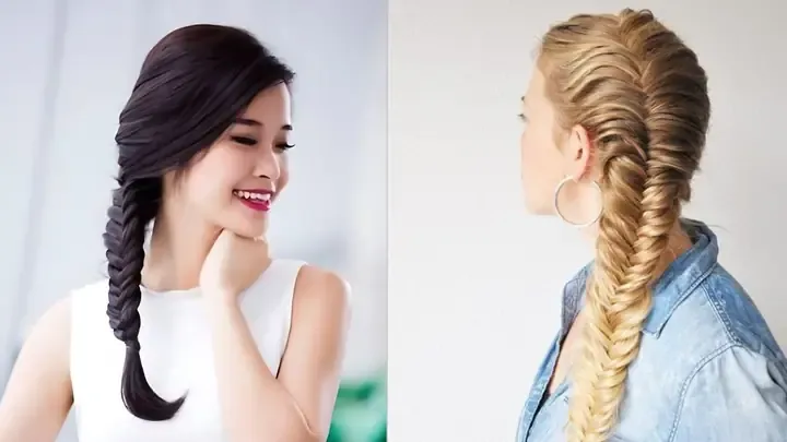 Bím tóc xương cá lệch một bên được tết bằng các lọn tóc nhỏ