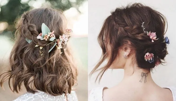 Kiểu tóc uốn lượn, tết đỉnh đầu phối hợp với hoa này rất tương thích cho những buổi tiệc tốt nghiệp, prom tại trường học