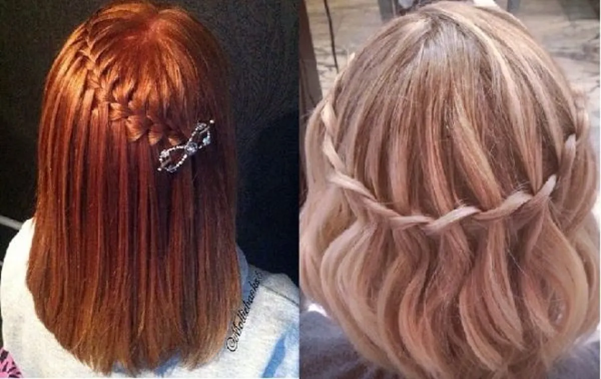 Tết tóc thác nước trên nền tóc ngang vai uốn nhẹ, tạo suối tóc buông lơi tự nhiên và bồng bềnh