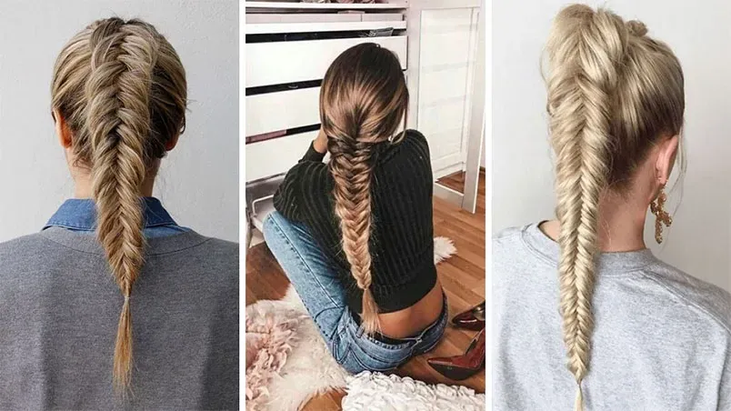 Một bím tóc đuôi ngựa được tết xương cá chi tiết, thể hiện sự năng động và cá tính