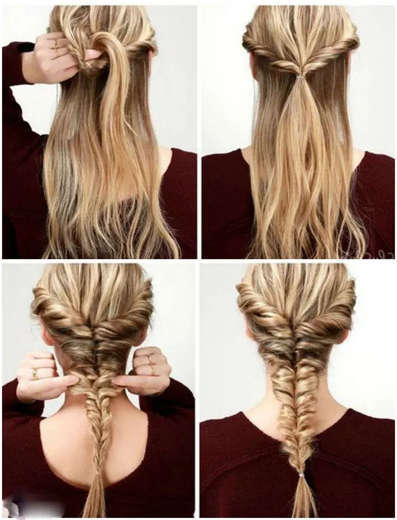 Một cô gái đang tạo kiểu tóc tết xương cá hai bên trẻ trung và hợp thời trang