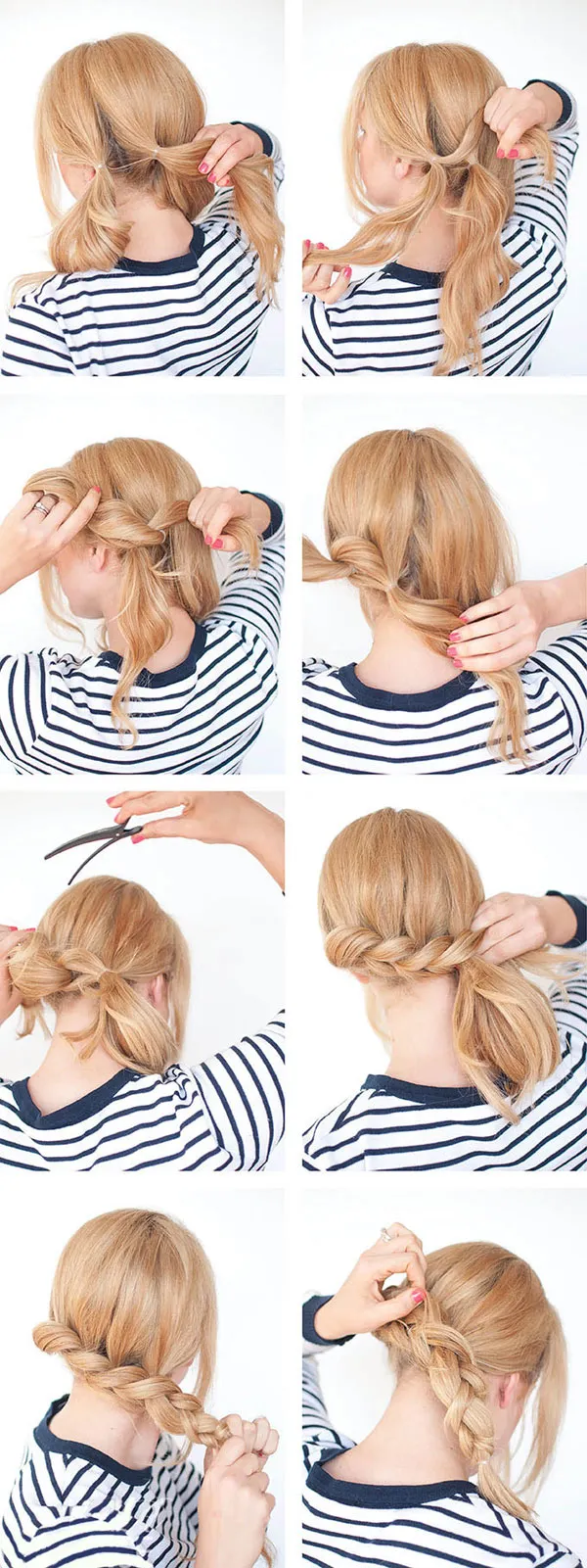 Thực hiện kiểu tóc thác nước giả bằng dây thun trên mái tóc kéo lệch