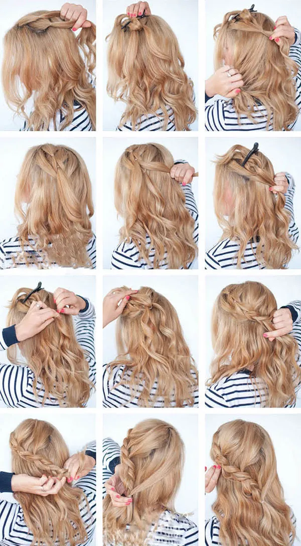 Bắt đầu tết tóc giả xéo từ đỉnh đầu xuống