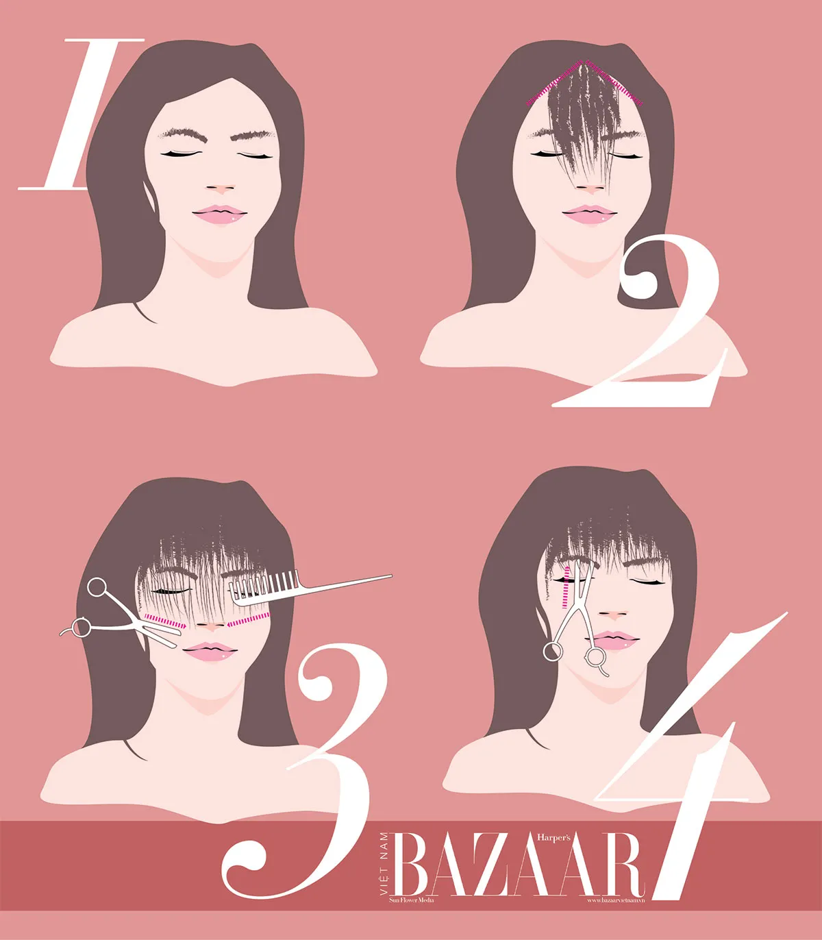 Các bước cơ bản để tự cắt tóc mái thưa tại nhà, giúp bạn có ngay vẻ ngoài tươi trẻ, hợp xu hướng.