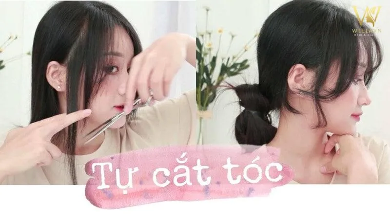 Các bước tiến hành cắt tỉa tóc sau khi đã buộc dây chun theo hướng dẫn tự cắt tóc ngang lưng tại nhà