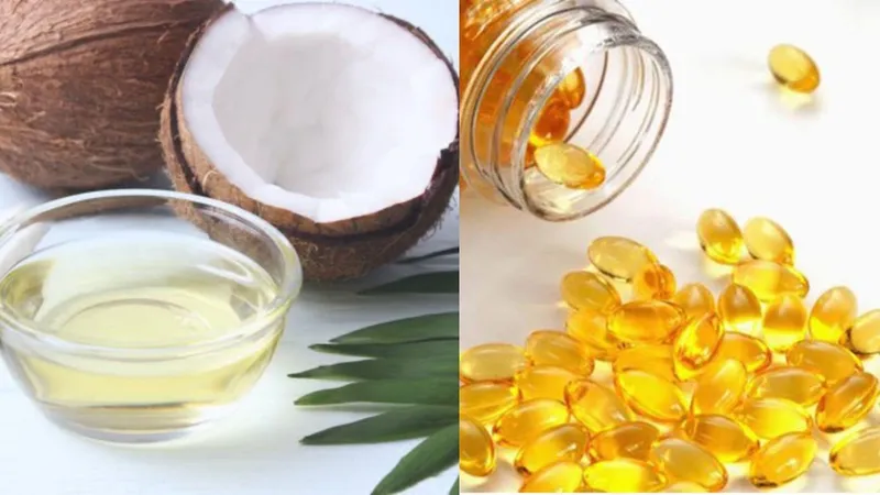 Viên nang Vitamin E đặt cạnh dầu dừa, minh họa cho sự kết hợp dưỡng chất để tăng cường độ bóng khỏe
