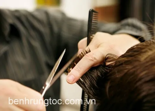 Mô tả một người đang cắt tỉa phần ngọn tóc bị chẻ bằng kéo chuyên dụng tại salon