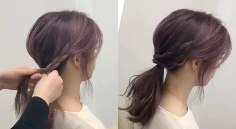 Kiểu tóc đuôi ngựa thấp kết hợp với bím tóc tết xương cá cuốn quanh