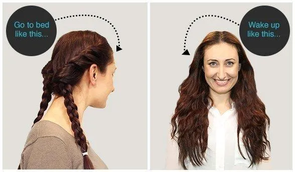 Người mẫu đang thực hiện kỹ thuật tết tóc đơn giản tại nhà để tạo sóng xoăn tự nhiên