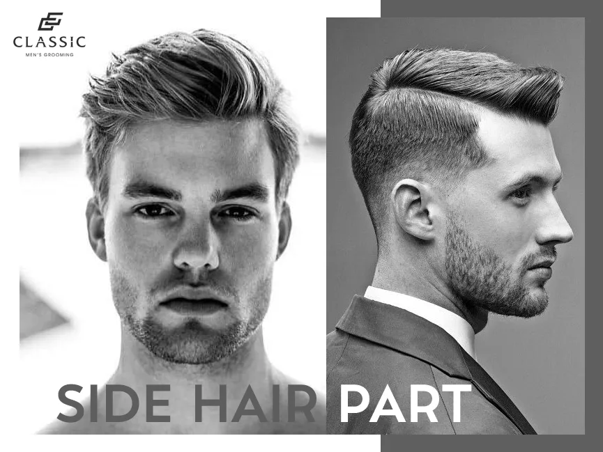 Người đàn ông với mái tóc Side Part cổ điển và phần side đã được ép sát gọn gàng