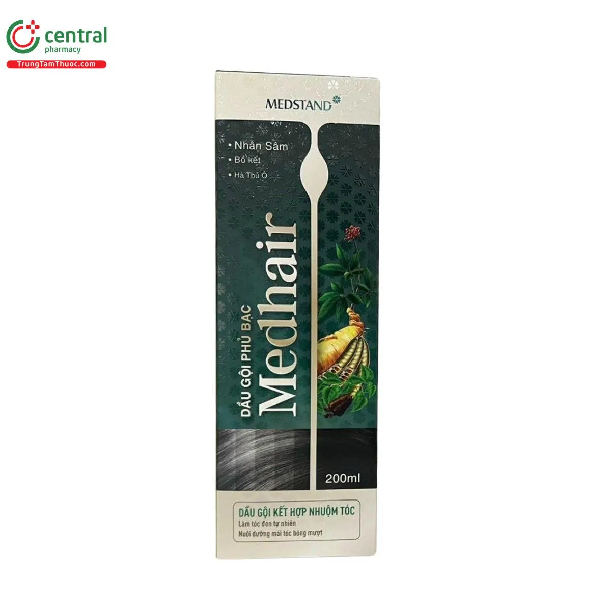 Hộp sản phẩm dầu gội phủ bạc với chiết xuất Hà Thủ Ô và Nhân Sâm, hỗ trợ cách nhuộm tóc bạc tự nhiên