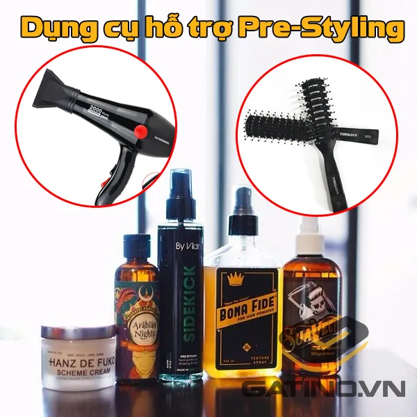 Các dụng cụ cần thiết: máy sấy tóc, lược tạo phồng, và sản phẩm Pre-styling