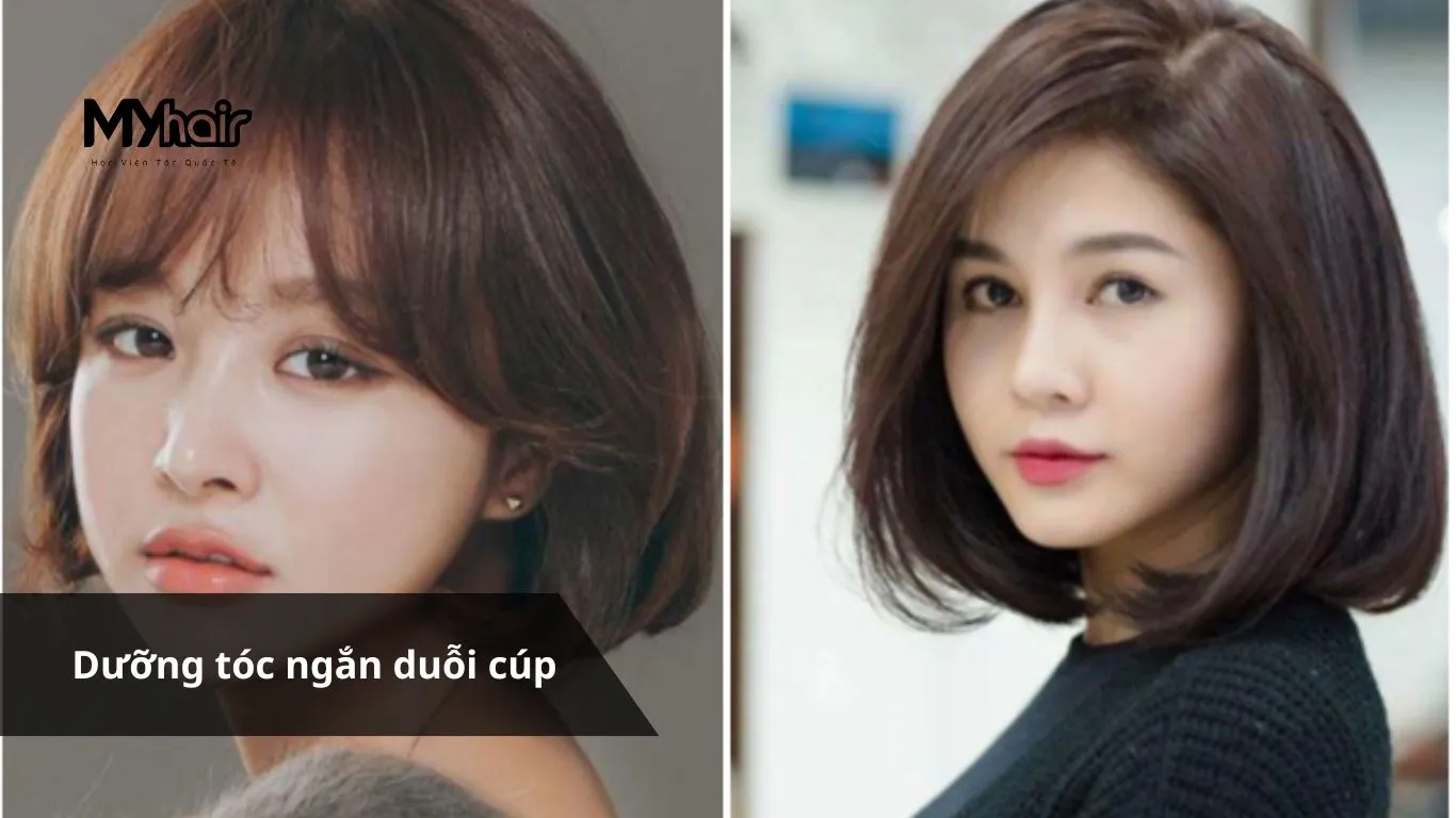 Người mẫu tóc ngắn duỗi cúp đang sử dụng sản phẩm dưỡng tóc chuyên sâu, minh họa cho quy trình chăm sóc tóc hàng ngày