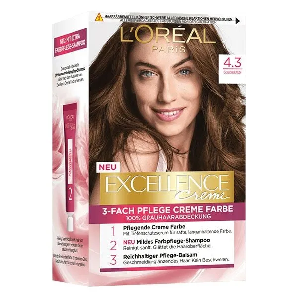Hộp thuốc nhuộm tóc L'Oreal Excellence Creme màu nâu vàng Goldbraun 4.3, điển hình cho sản phẩm chất lượng Đức