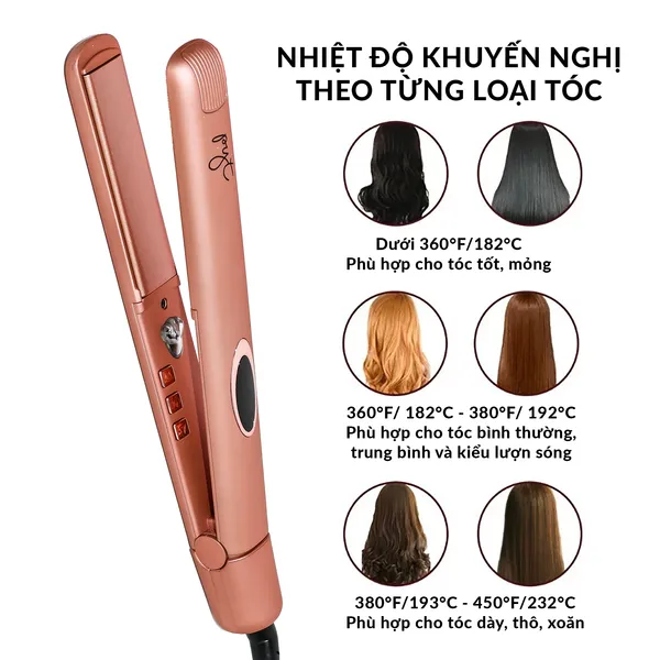 Mô tả các mức nhiệt độ khuyến nghị theo từng loại tóc để bảo vệ tóc khỏi hư tổn khi uốn bằng máy duỗi.