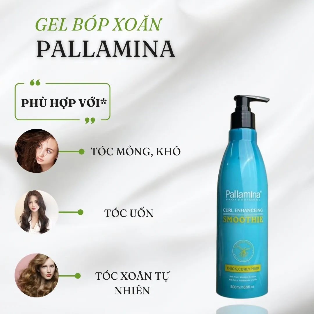 Sản phẩm Gel Bóp Xoăn Pallamina 500ml, điển hình cho các dòng gel tạo nếp mạnh mẽ, phù hợp với tóc xoăn dày