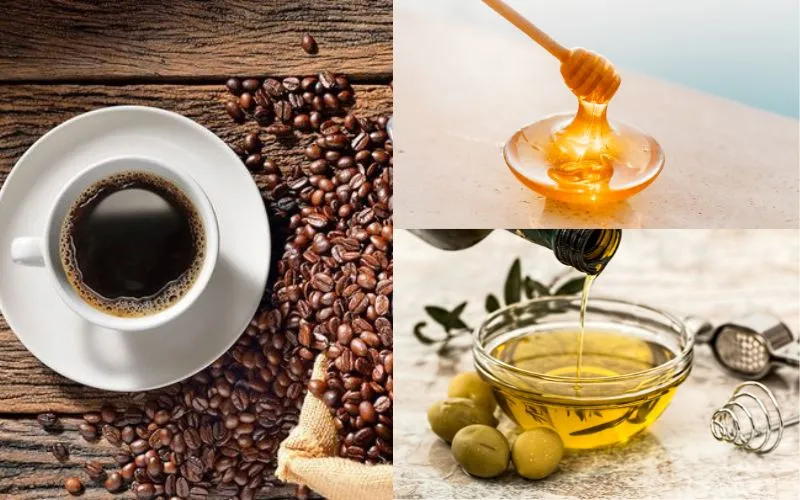 Hỗn hợp cà phê, mật ong và dầu oliu là cách giúp tóc hết gàu và giảm gãy rụng