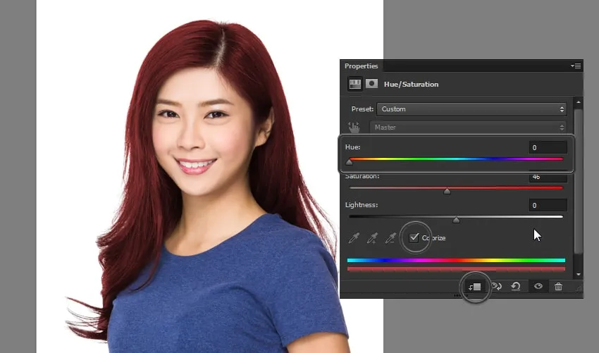 Giao diện Hue/Saturation trong Photoshop, hiển thị thanh trượt Hue để thay đổi màu tóc và tùy chọn Colorize đã được tích chọn