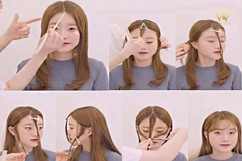 Kỹ thuật chia tóc mái thành hình tam giác ngược trước khi tiến hành cắt