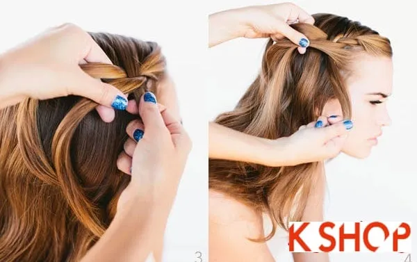 Chia tóc thành ba lọn nhỏ khác nhau ở bên mái và thực hiện kiểu tết ba sát chân tóc