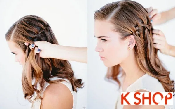 Với mỗi nút tết, bạn thả lọn tóc cuối cùng ra và lấy một lọn mới phía dưới để tiếp tục tết ba